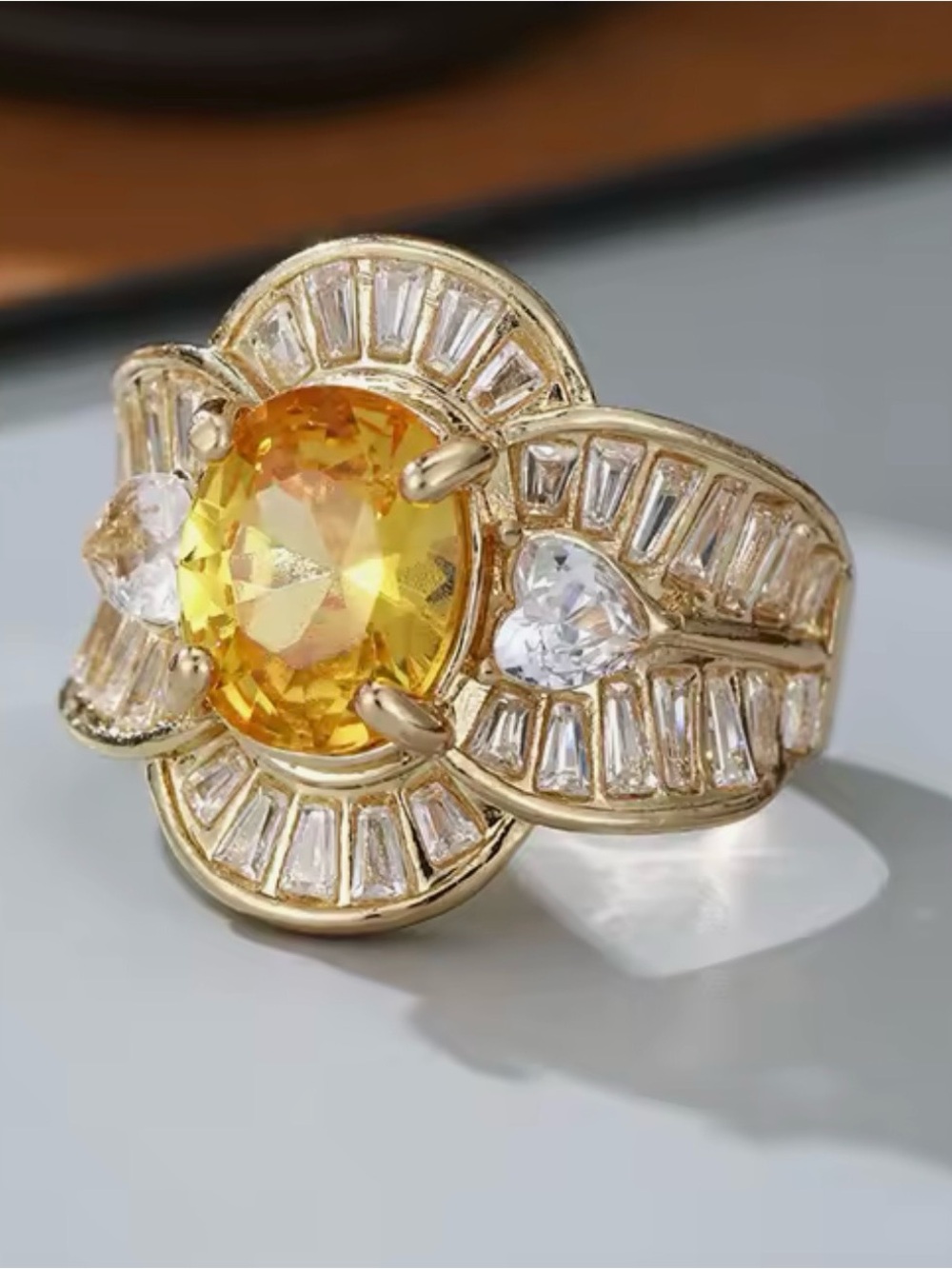 NEW Elegant Gold Ring with Yellow Center Gem and Clear Accents